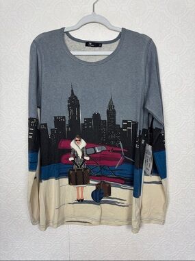 Neve NYC Skyline Graphic Silk Blend Top Long Sleeve Crew Neck Size Large NWT